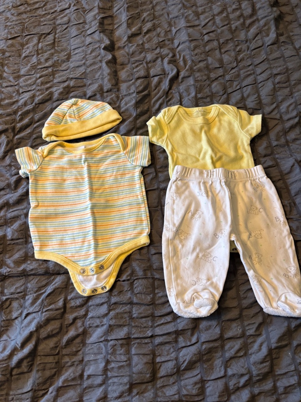 okie dokie Yellow Striped Baby Matching Set with Hat and Footed Pants